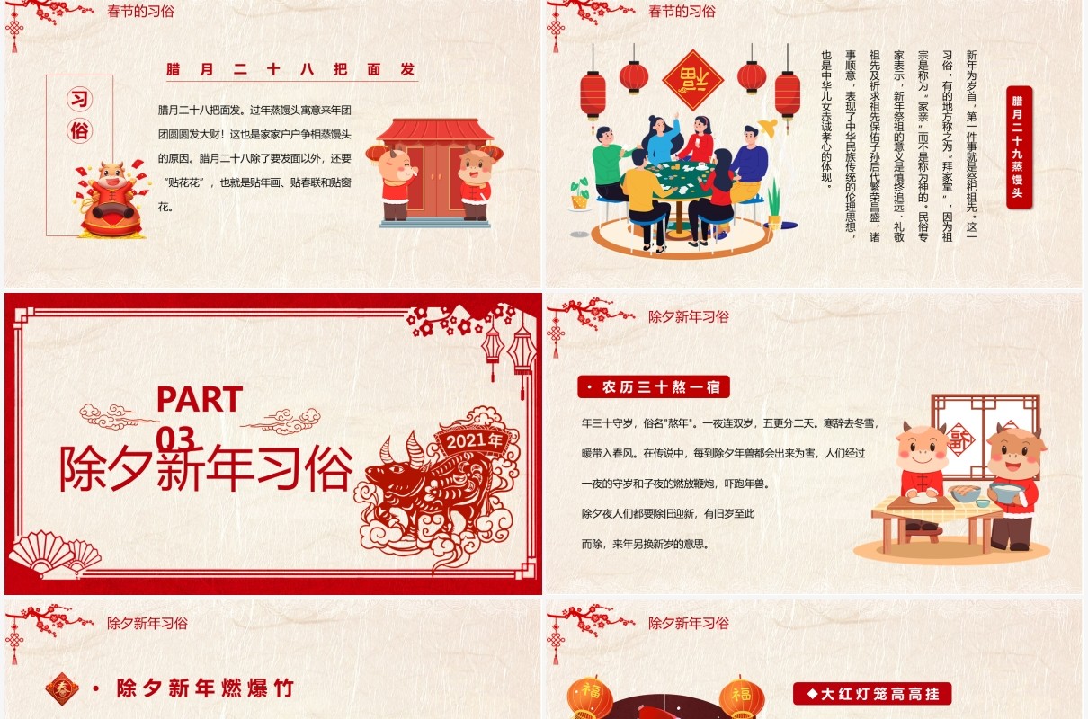 2021剪纸风春节习俗介绍PPT模板