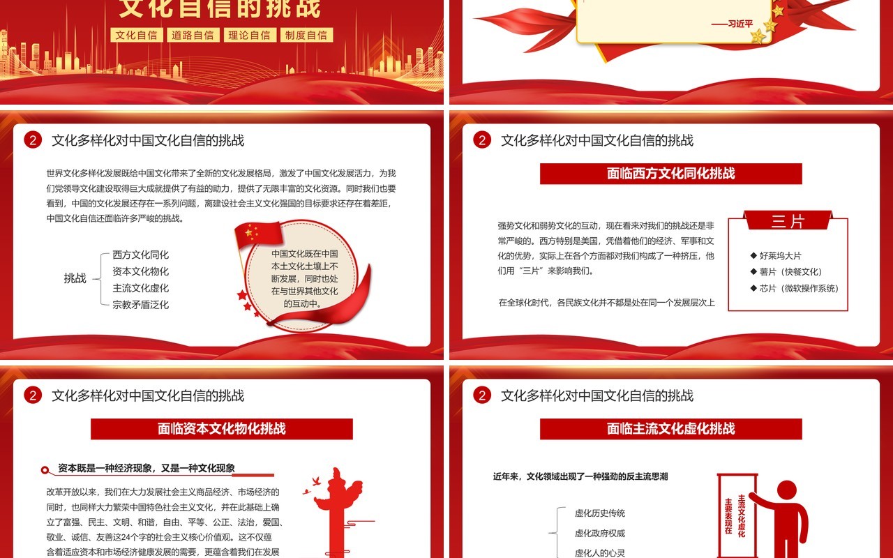 红色简约世界文化发展与中国文化自信PPT模板