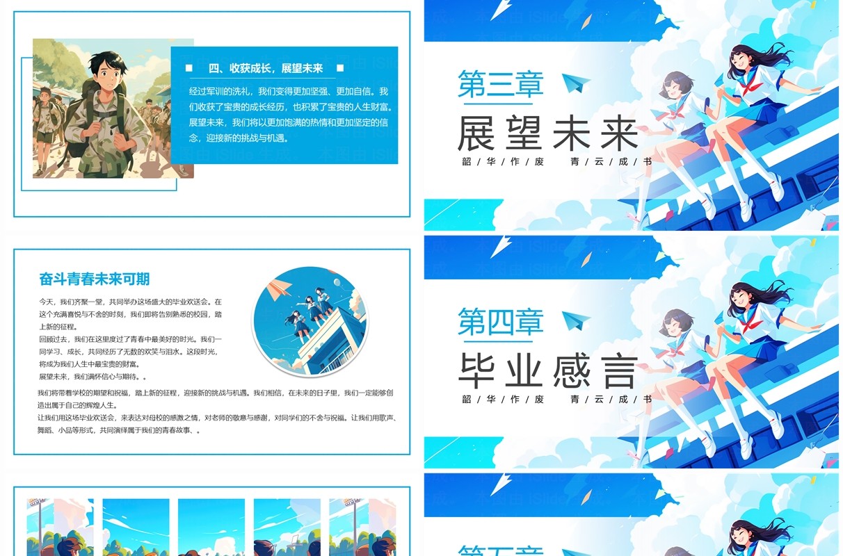 蓝色插画风校园毕业欢送纪念相册PPT模板