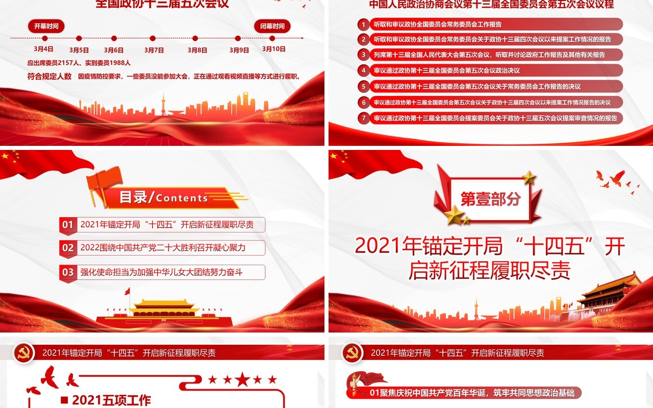 红色简约学习全国政协常委会工作报告PPT模板