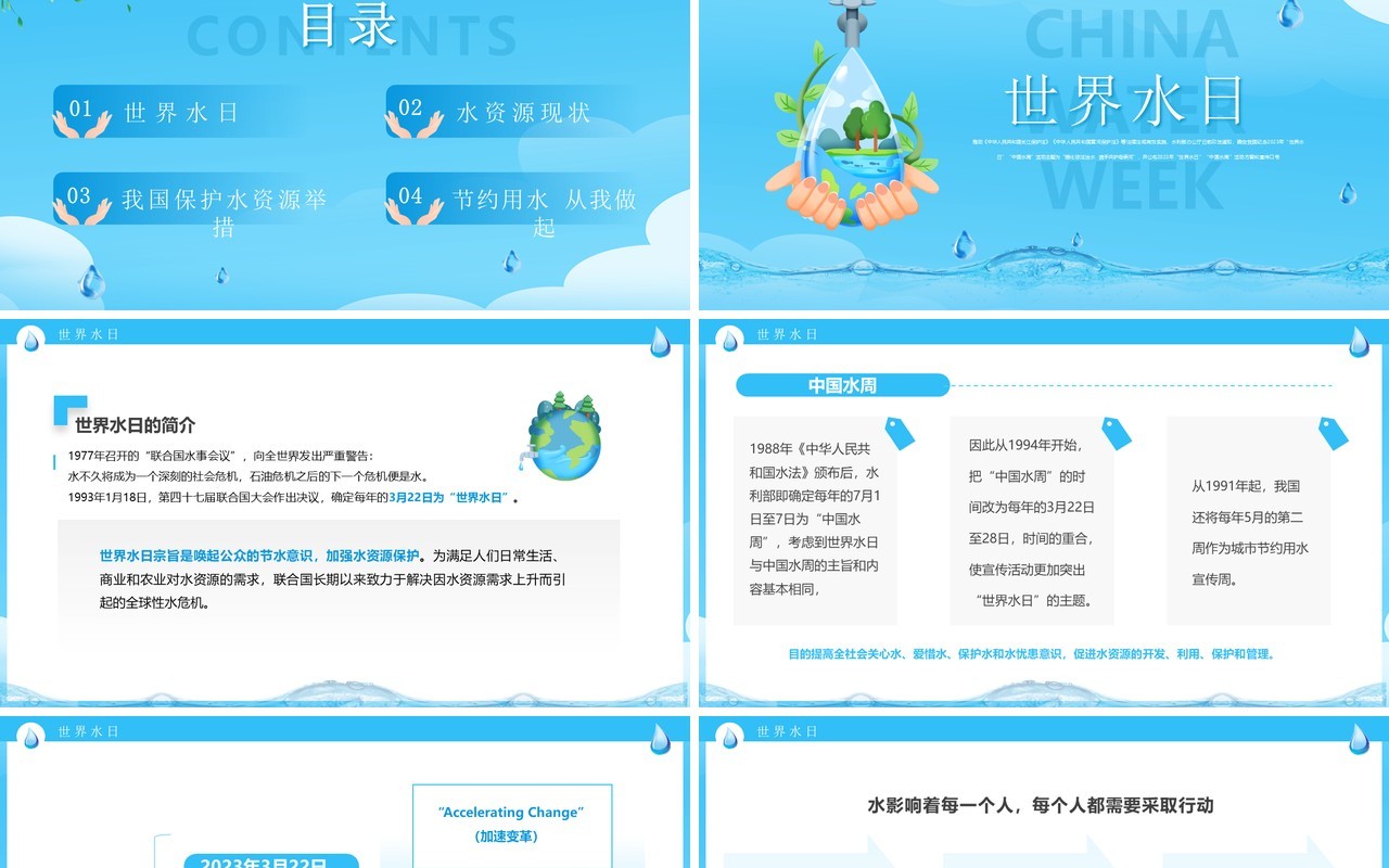 蓝色简约风2023中国水周班会PPT模板