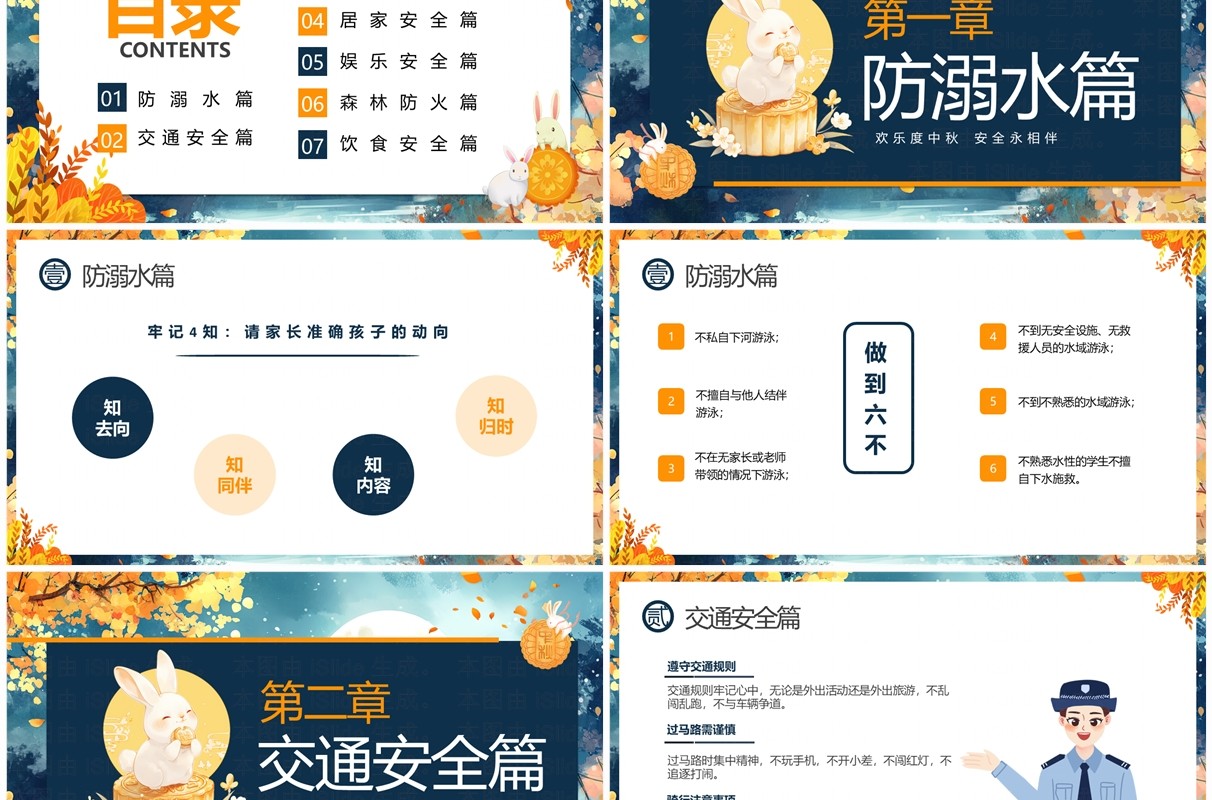蓝色插画风中小学中秋节安全教育PPT模板