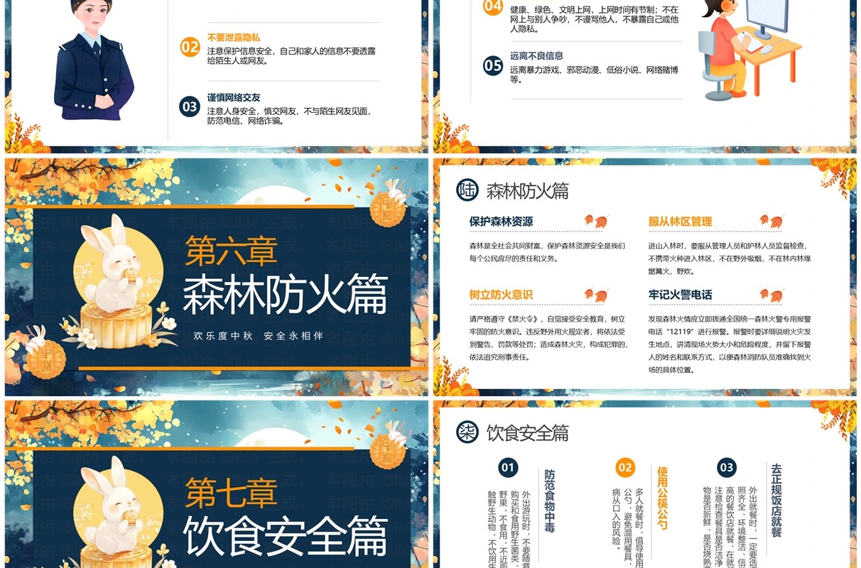蓝色插画风中小学中秋节安全教育PPT模板