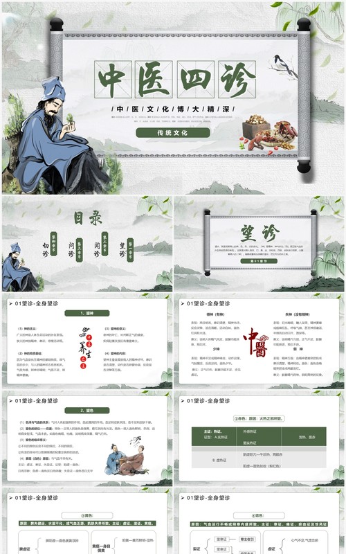 绿色中国风传统文化中医四诊望闻问切PPT模板