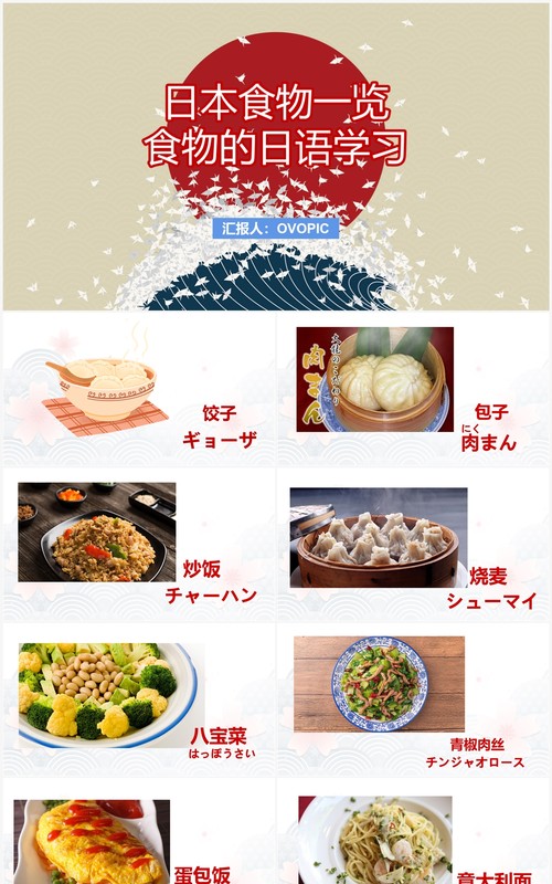 卡通风日语教学日本食物一览PPT模板