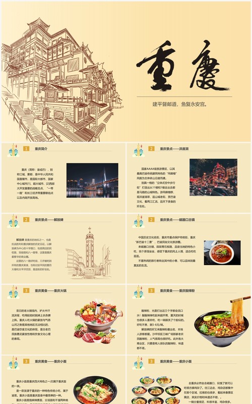 黄色简约重庆风景美食介绍PPT模板