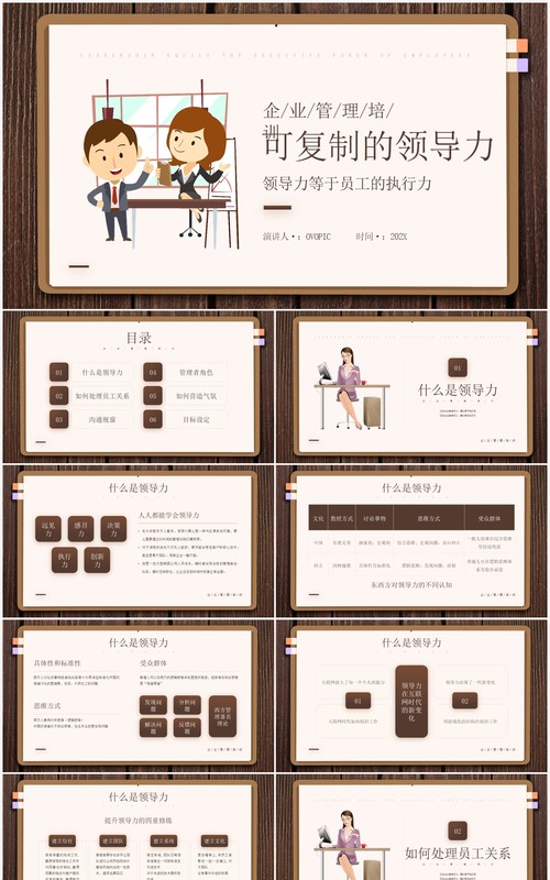 棕色简约风可复制的领导力企业管理培训知识介绍PPT模板
