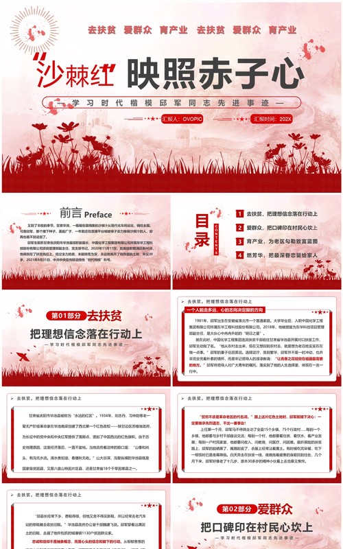 红色简约风沙棘红映照赤子心PPT模板