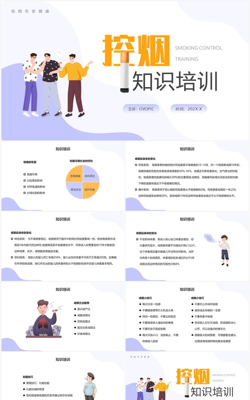 紫色扁平控烟知识培训PPT模板