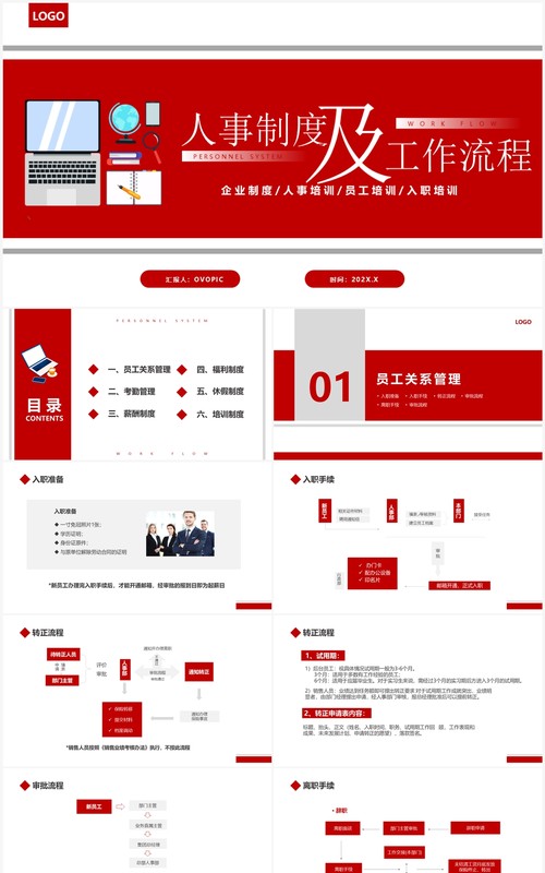 红色企业人事制度及工作流程PPT模板