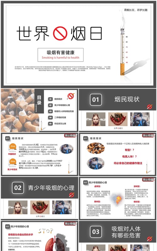 简约风世界无烟日宣传教育PPT模板