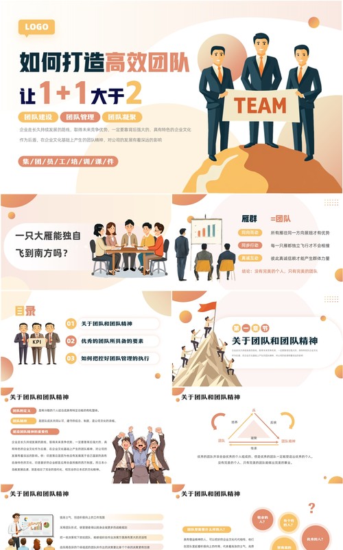 橙色扁平化如何打造高效团队PPT模板