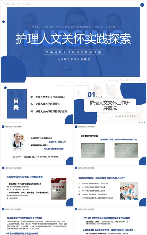 蓝色简约护理人文关怀实践探索PPT模板