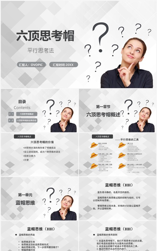 灰白色简约冯六顶思考帽工作培训PPT模板