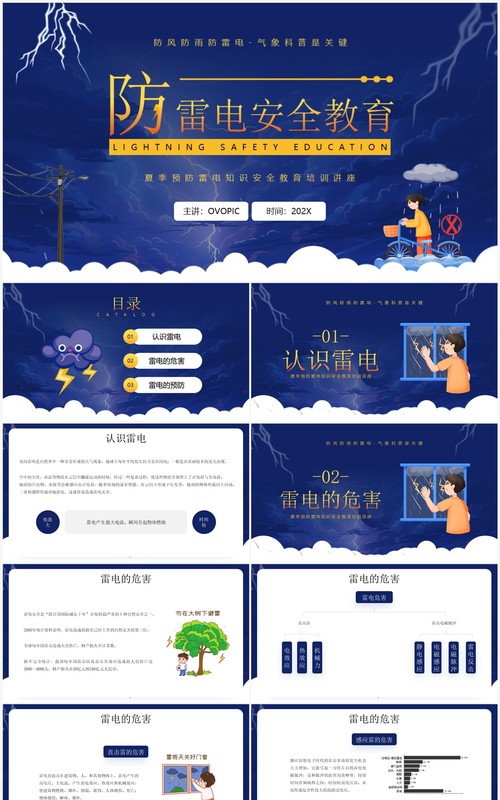 蓝色卡通风防雷电安全教育PPT模板