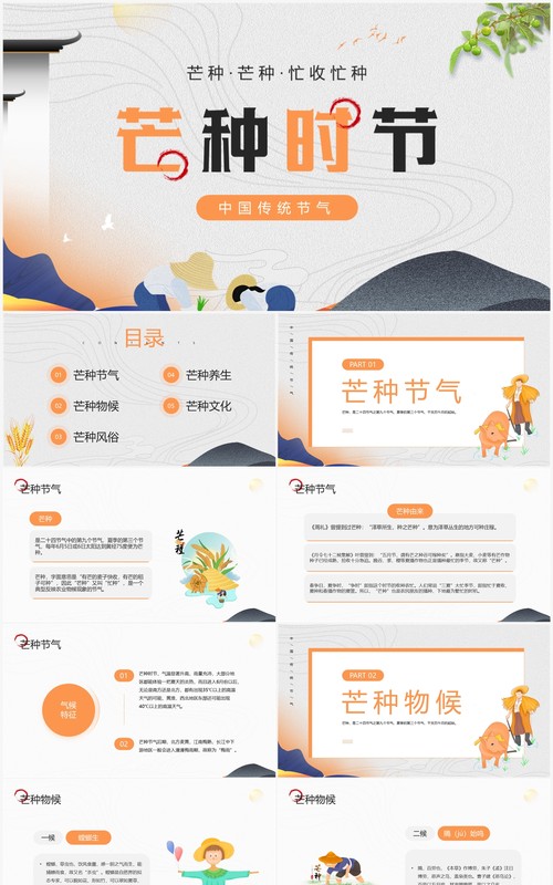 橙色中国风传统节气之芒种介绍PPT模板