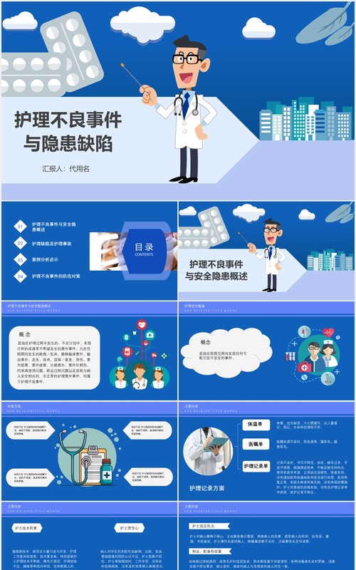 蓝色创意护理不良事件与隐患缺陷医院医疗医生PPT模板