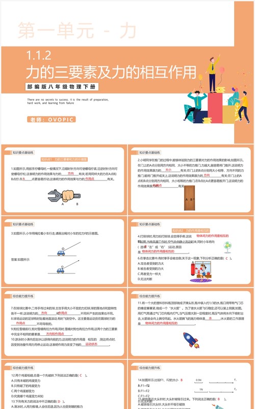 部编版八年级物理下册力的三要素及力的相互作用课件PPT模板