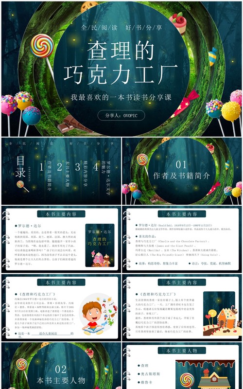 绿色卡通风查理的巧克力工厂好书分享PPT模板