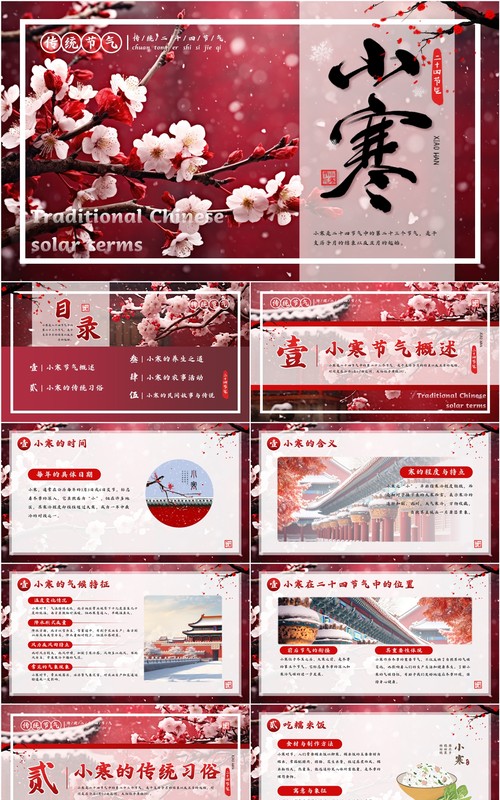 红色中国风二十四节气之小寒PPT模板(1)