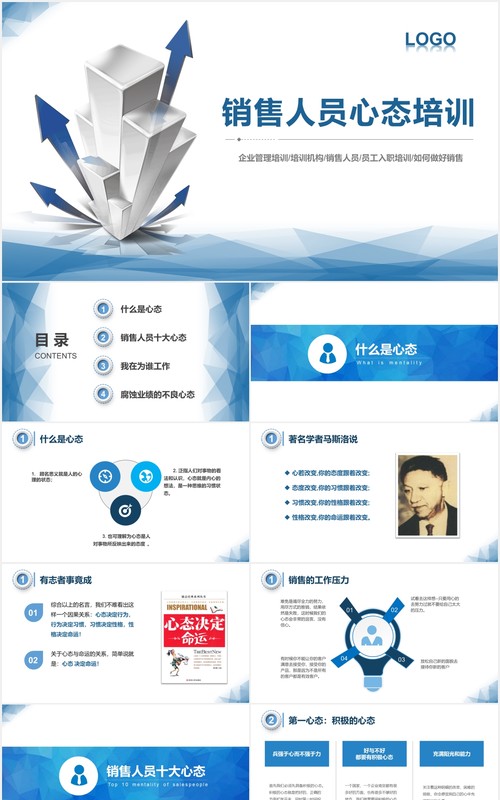 蓝色商务简约销售人员心态培训课件PPT模板