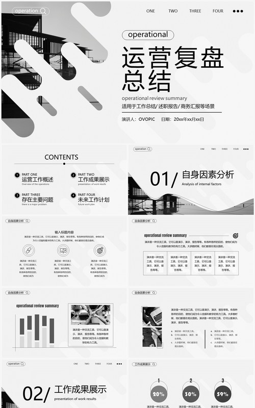 黑白简约风运营复盘总结PPT通用模板