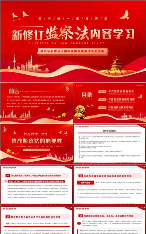 红色简约风新修订监察法内容学习PPT模板
