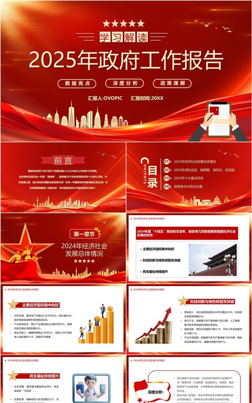 红色党政风学习解读2025政府工作报告PPT模板