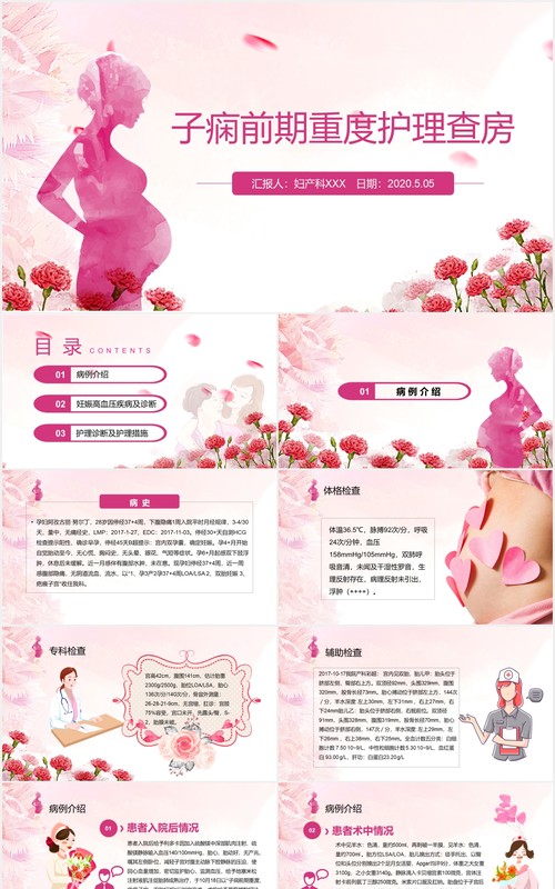 粉色女性妇科子痫前期重度护理查房课件PPT模板
