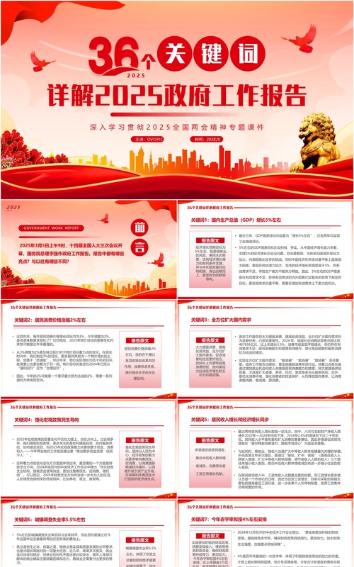 红色简约风2025政府工作报告关键词详解PPT模板