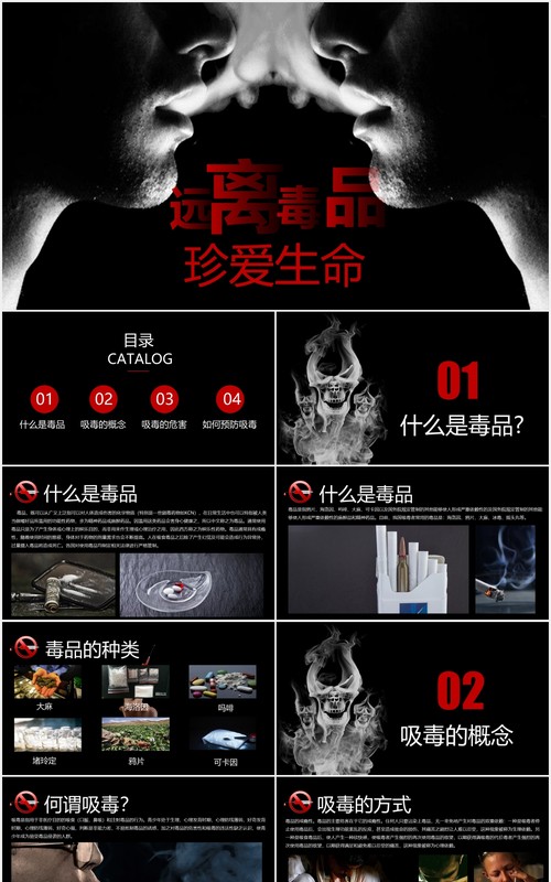 黑色远离毒品珍爱生命禁毒知识教育宣传PPT模板