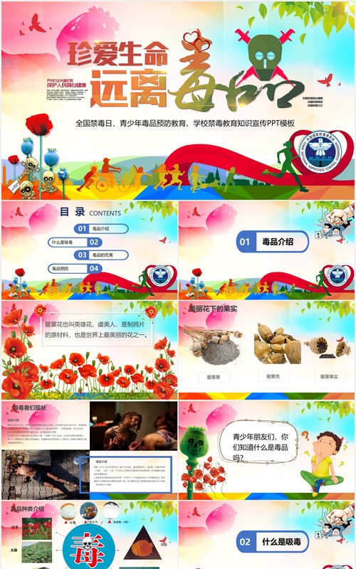 彩色珍爱生命远离毒品禁毒宣传教育知识讲座PPT模板