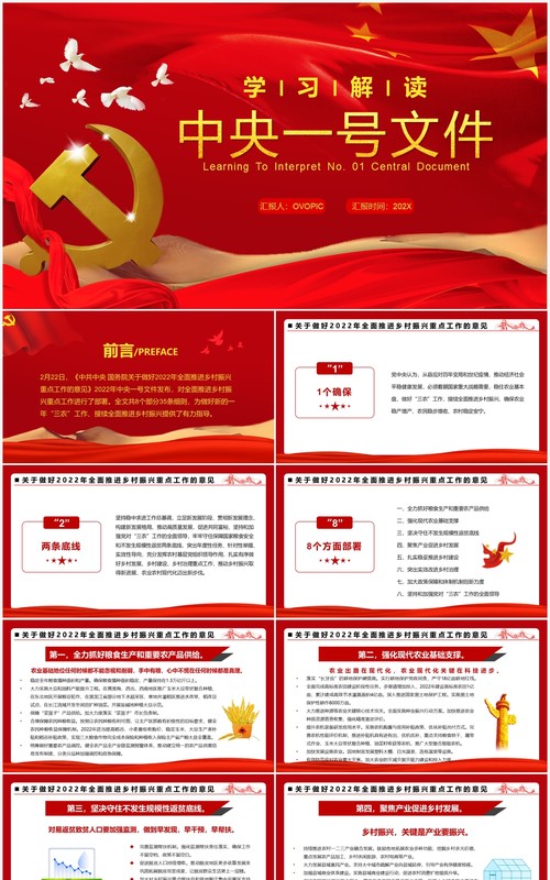 红色简约学习解读中央一号文件PPT模板