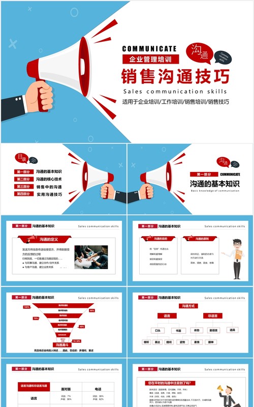 简约商务蓝色企业管理培训销售沟通技巧课件PPT模板