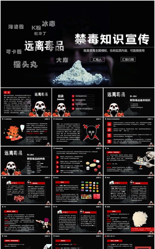 高级黑色远离毒品禁毒知识宣传教育PPT模板