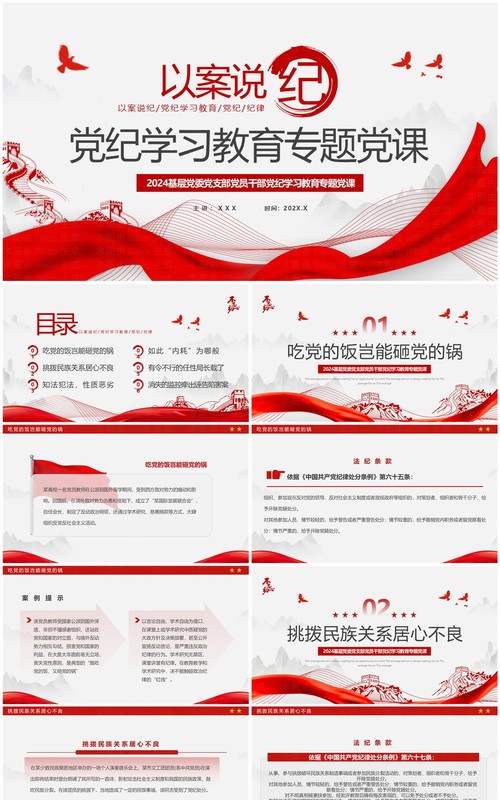 红色简约风以案说纪党纪学习教育PPT模板