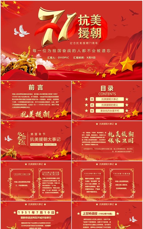 红色纪念抗美援朝71周年PPT动态通用模板