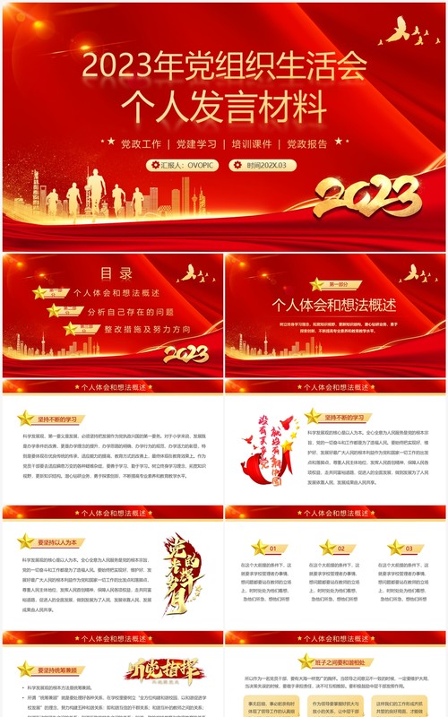 红色2023年党组织生活会个人发言材料PPT模板
