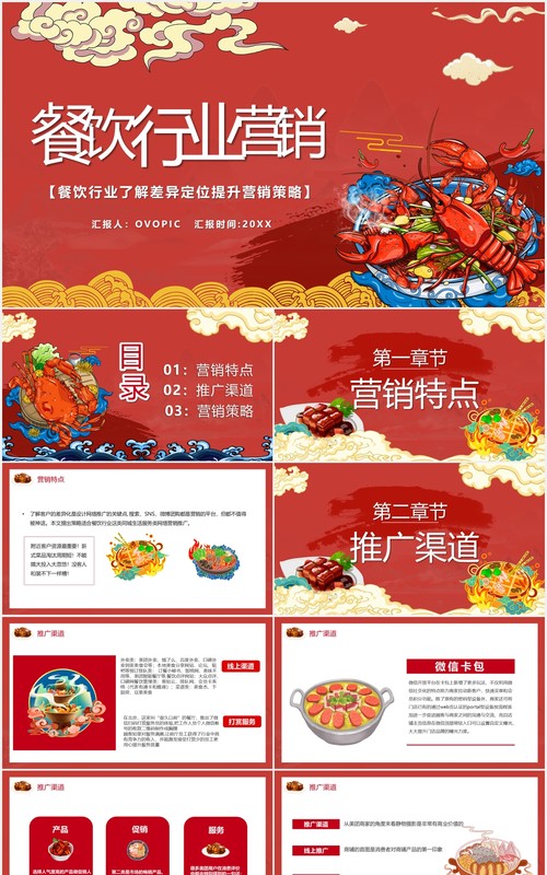 红色国潮风餐饮行业营销推广通用PPT模板