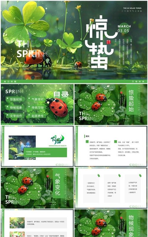 绿色插画风二十四节气之惊蛰介绍PPT模板