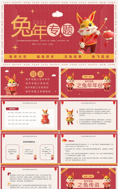红色创意卡通风兔年专题文化介绍PPT模板