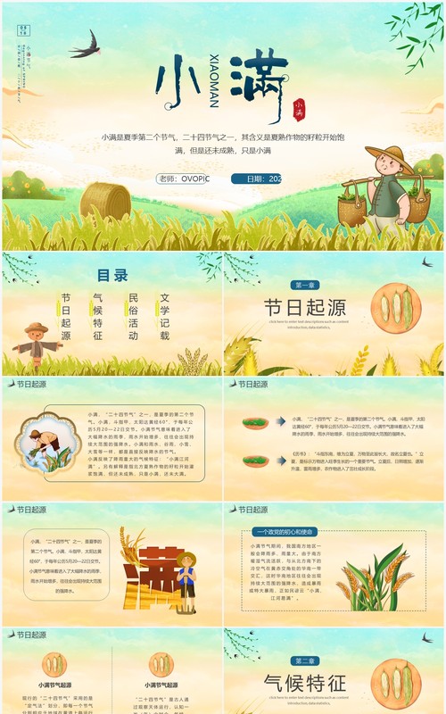 黄色卡通风二十四节气小满传统节日介绍动态PPT模板
