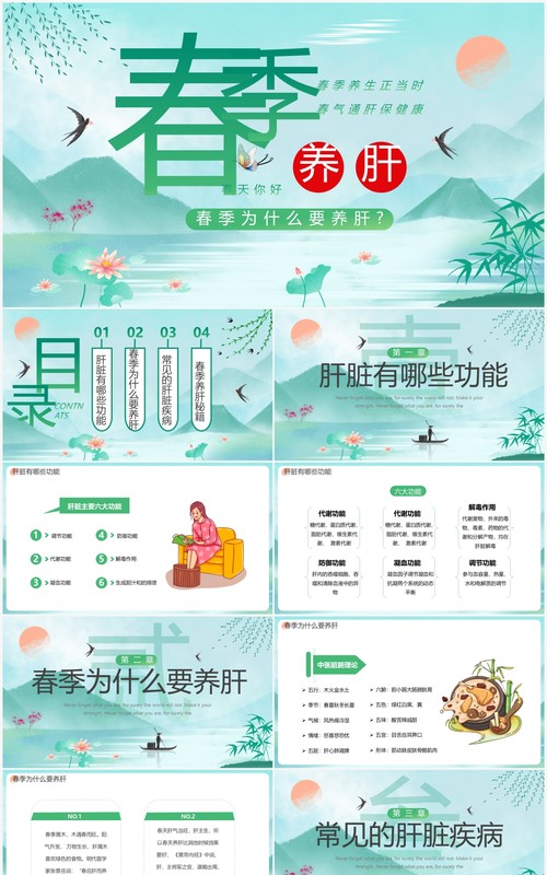 绿色中国风春季养肝主题教育PPT模板