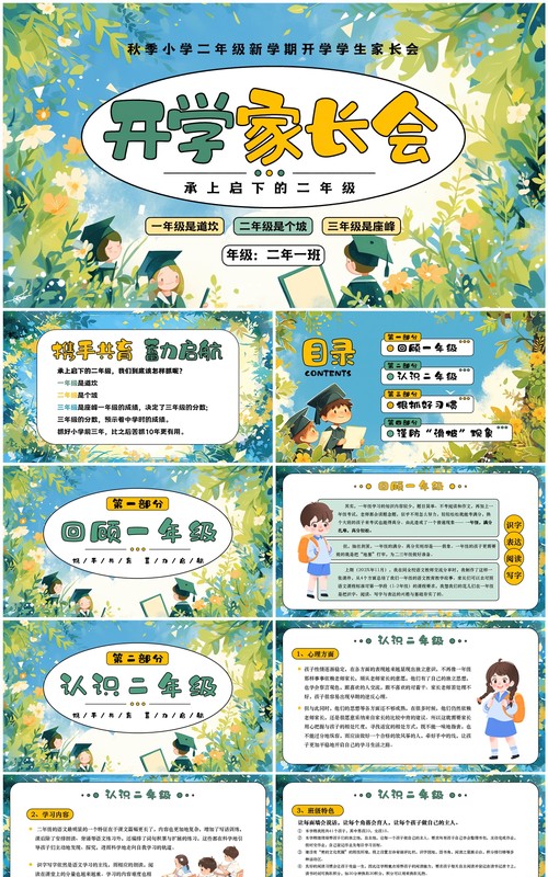 绿色清新风小学二年级开学家长会PPT模板