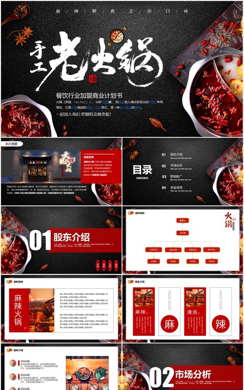 黑色餐饮美食手工老火锅商业计划书PPT模板