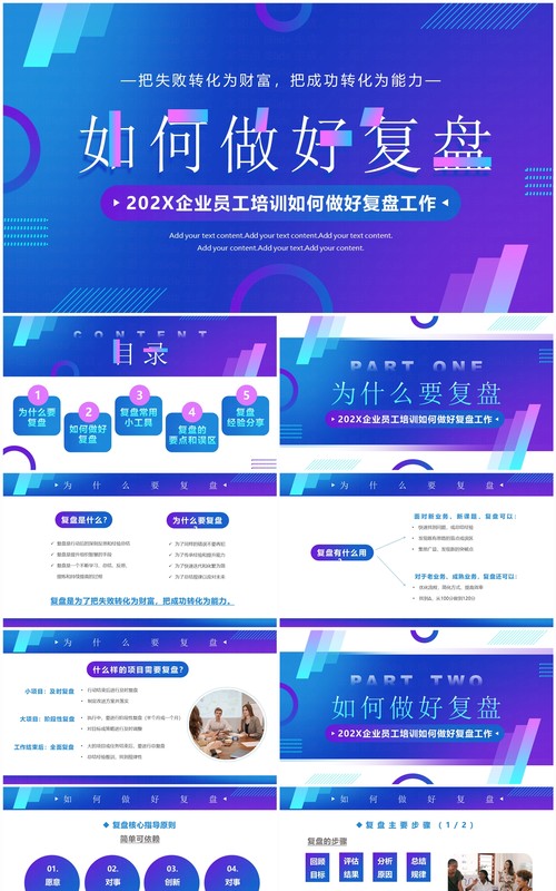 蓝紫渐变简约风如何做好复盘员工培训PPT模板