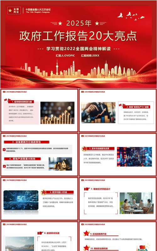 红色简约风2025政府工作报告20大亮点PPT模板
