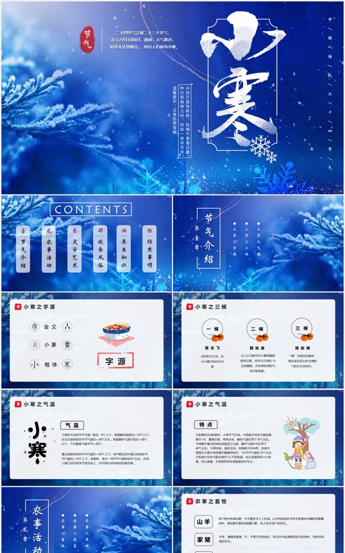 蓝色唯美二十四节气之小寒介绍动态PPT模板