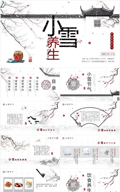淡雅中国风二十四节气之小雪养生PPT模板