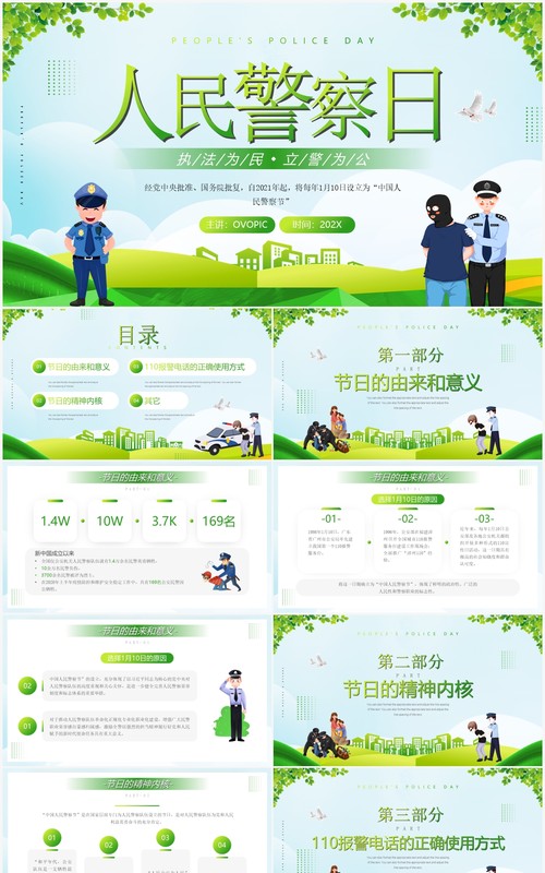 绿色简约风人民警察日介绍PPT模板